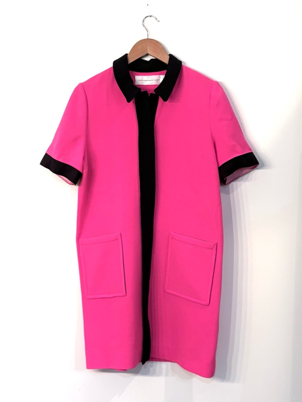 Victoria Beckham Pink & Black Wool Short Sleeve Button Down Shirt Dress Luxury